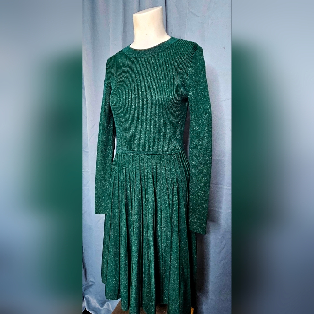 Draper James Green Long Sleeve Metallic Knit Fit & Flare Dress Size S NWOT